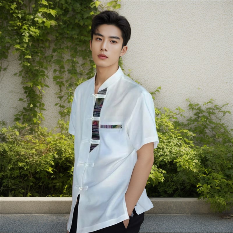 西双版纳民族服装男装傣族男衬立领短袖拼接男士傣装衬衣工作服