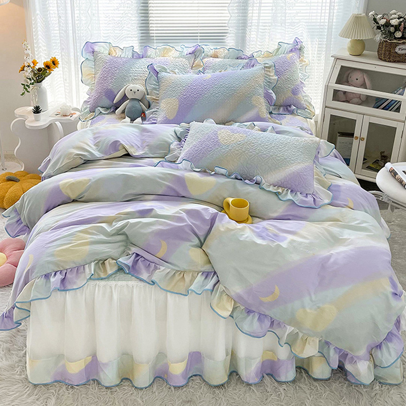 全棉夹棉牀裙款四件套100纯棉网红公主风花边被套1.8牀上防滑春秋