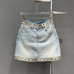 女 重工亮片刺绣花朵高腰A字型牛仔短裙包臀半身裙裤 2024秋装 新款