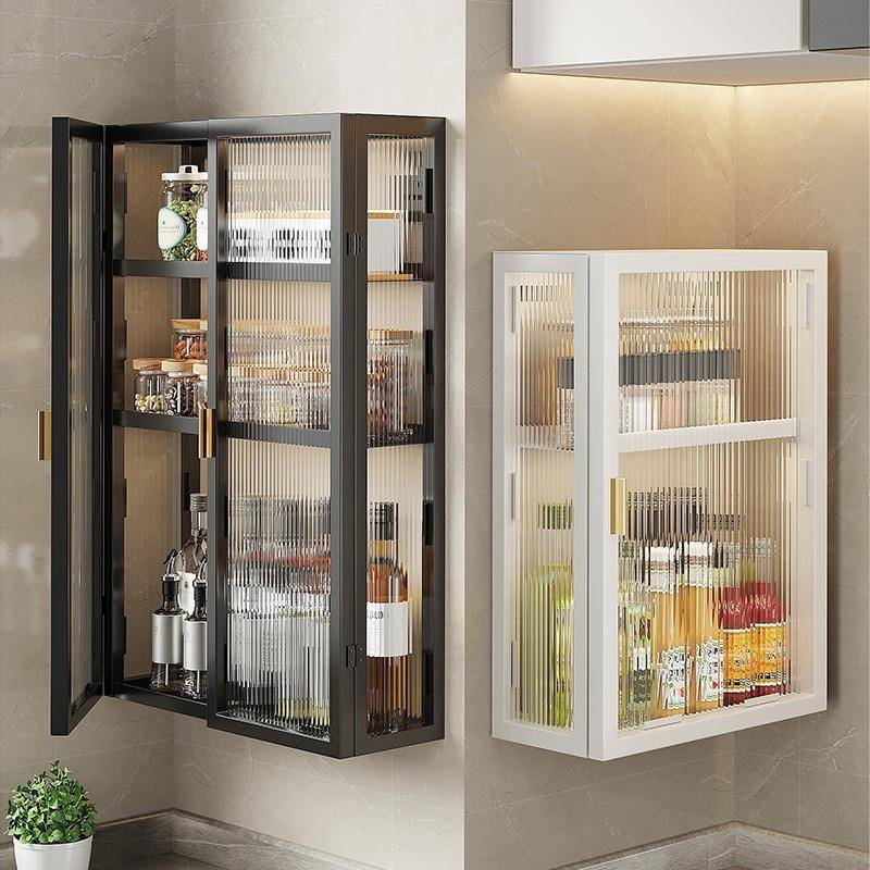 厨房收纳置物架免打孔多功能家用调料壁挂式带门防尘储物收纳石力