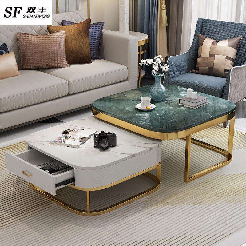 北欧简约客厅大理石茶几创意正方形角几带抽屉可折叠矮桌沙发边桌