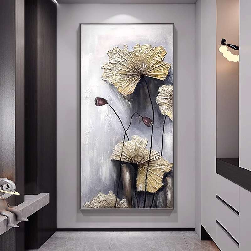 现代高档纯手绘荷花油画大芬村玄关装饰画客厅走廊过道肌理感挂画图片