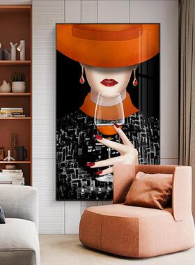 入户玄关巨幅轻奢美女挂画橙色大气现代简约客厅落地版画装饰画