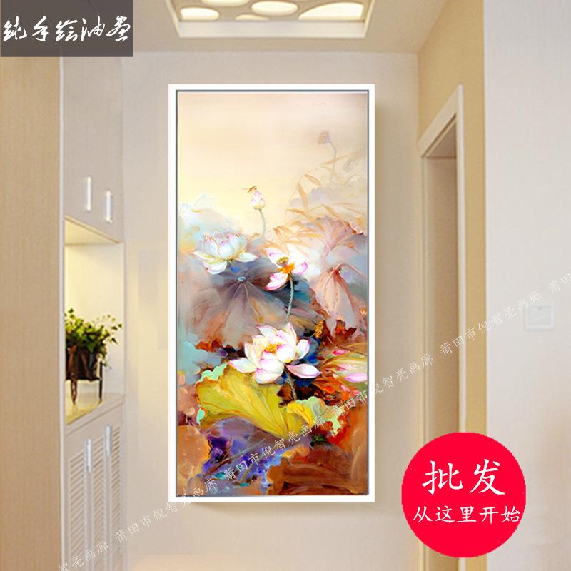 手绘油画新中式客厅现代简约玄关装饰挂画厂家直销立体装饰画荷花