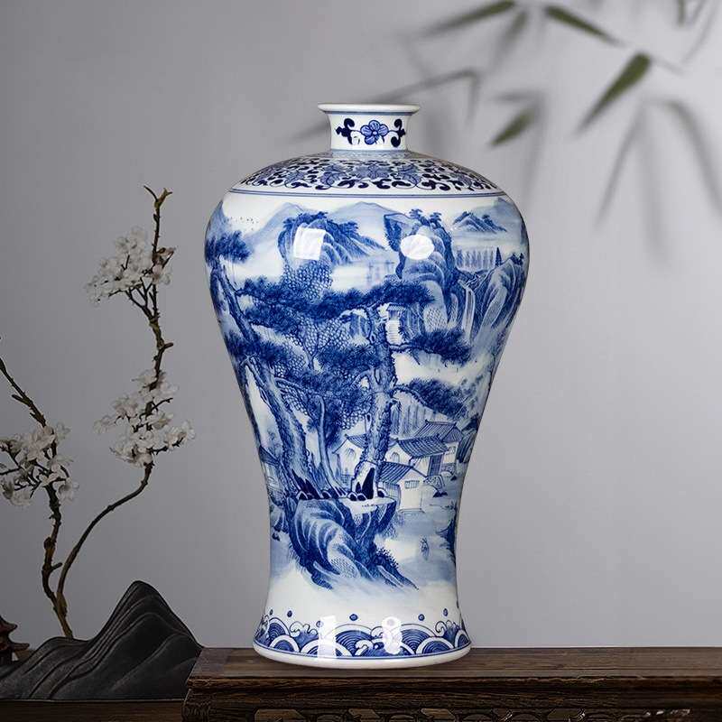 手工绘画陶瓷花瓶摆件景德镇青花瓷山水瓷瓶60公分家居办公桌梅瓶