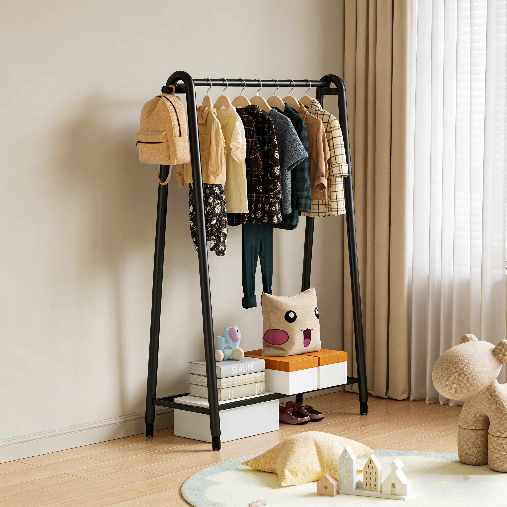 儿童落地挂衣架卧室客厅铁艺小型衣帽架家用不占空间迷你置物架