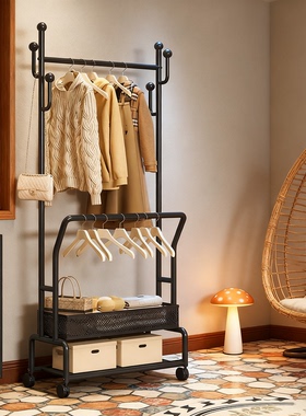 衣帽架卧室落地挂衣架2025新款中古风带储物置物架移动收纳衣帽架