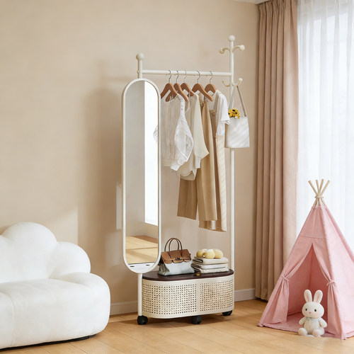 可移动挂衣架带镜子衣帽架收纳架