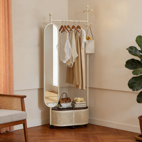 落地可移动衣帽架带镜挂衣收纳篮