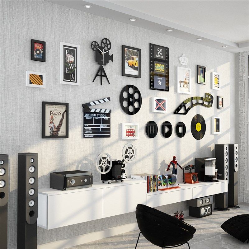 高分子_B0电影主题发光照片墙黑白现代简约装饰组合相框LED灯带