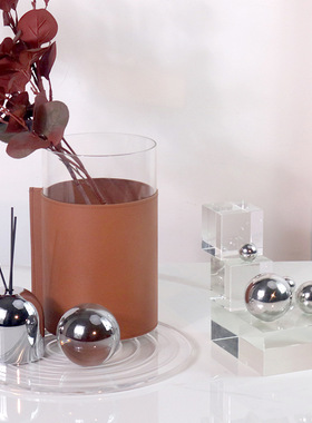 现代简约橙色皮套玻璃花瓶插花花器干花创意客厅玄关餐桌装饰摆件