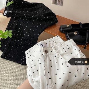 女春夏显瘦宽松阔腿休闲长裤 大码 韩系复古黑白波点碎花直筒牛仔裤