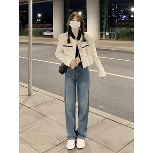 百搭高腰显瘦直筒阔腿裤 窄版 女秋冬大码 胖妹妹港风复古简约牛仔裤