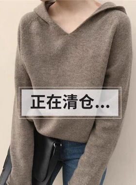 21秋冬新款羊绒衫女连帽卫衣宽松毛衣短款套头纯色针织打底衫外套