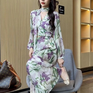高腰印花气质长裤 法式 女秋新款 套装 两件套 复古V领上衣碎花阔腿裤