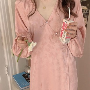 长裙女装 胖妹妹2 夏季 宽松韩系甜美纯欲风V领长袖 家居服 300斤大码