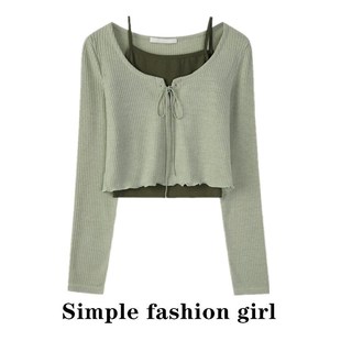 开衫 美式 设计感小众吊带搭长袖 上衣女春秋2025新款 两件套 复古短款