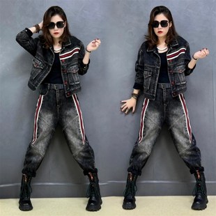 子女装 潮牌2023冬季 洋气外套裤 女加绒加厚休闲时尚 牛仔两件套 套装