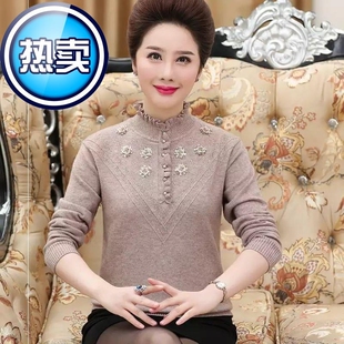 中老年女装秋冬加绒加厚针织衫长袖半h高领宽松毛衣中年妈妈打底