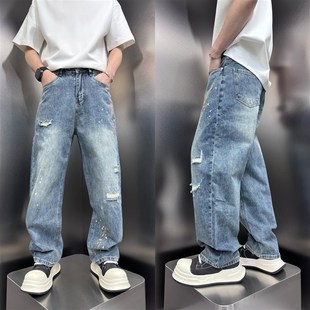 设计感漆点阔腿牛仔裤 宽松高街老爹裤 男士 破洞直筒裤 夏季 美式