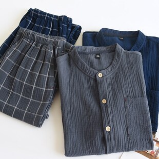 100纯棉纱布睡衣男士春秋长袖双层开衫外贸日系全棉麻家居服套装