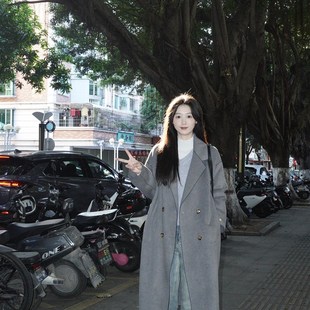 港风复古灰色双面羊毛大衣高级感气质休闲风过膝中长款 毛呢外套