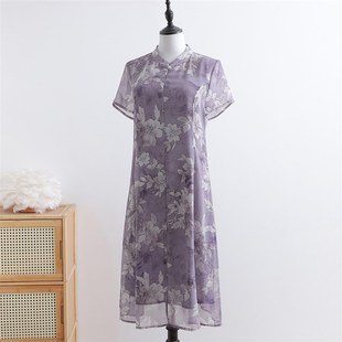 气质改良旗袍裙子 新款 小个子妈妈夏装 洋气印花连衣裙中老年女夏季