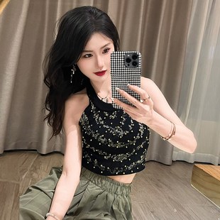 高级感挂脖针织小背心吊带女夏外穿重工钉珠金线提花辣妹短款 上衣