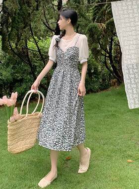 WCT两件法式少女感裙赫本风复古连衣女J夏大码胖m假m碎花桔初恋梗
