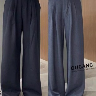 女高腰春夏简约百搭垂感显瘦长裤 欧货撞色腰头重工刺绣阔腿西装 裤