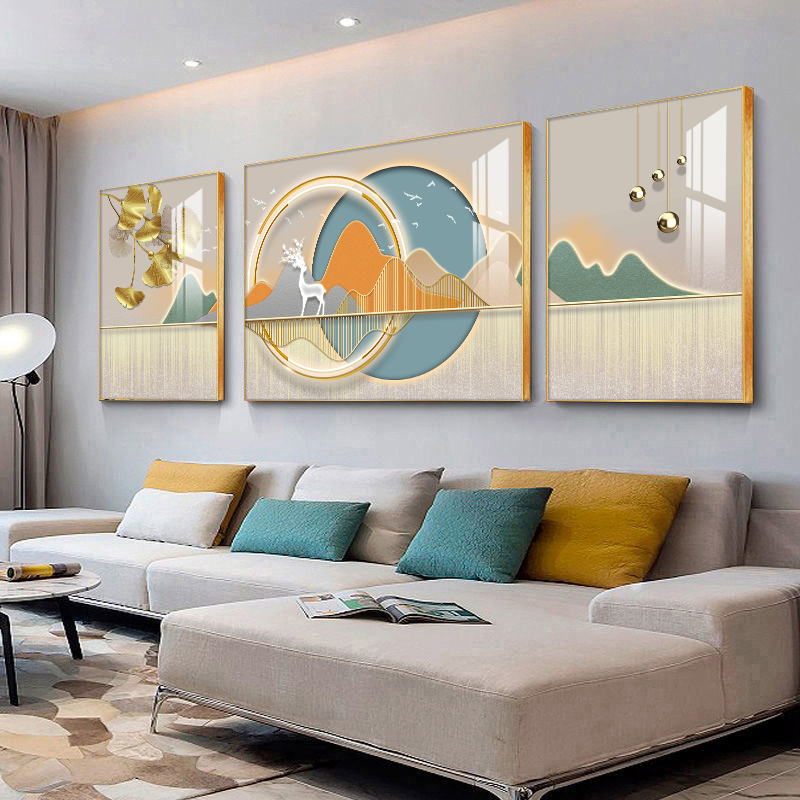 客厅装饰画现代轻奢大气沙发背景墙壁画抽象高级感晶瓷三联画挂画
