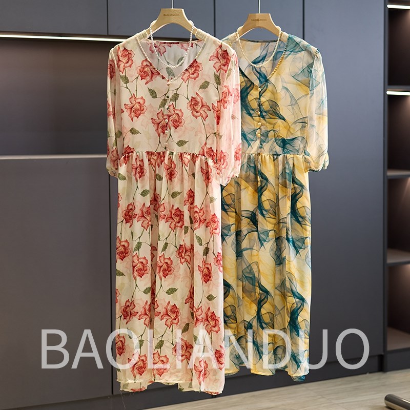 洋气妈妈印花雪纺连衣裙中年女装夏装2025新款中老年气质过膝裙子