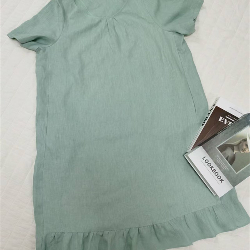 亚麻女款荷叶边可爱绿色家居服长款包臀吸汗衬衣