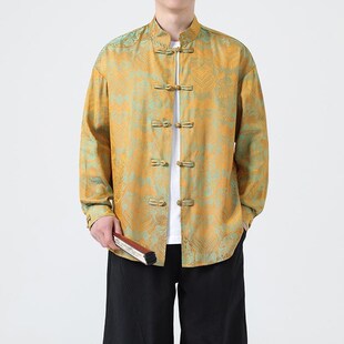 中国风衬衣外套春秋男式复古改良汉服中式舞台演出服盘扣大码唐装