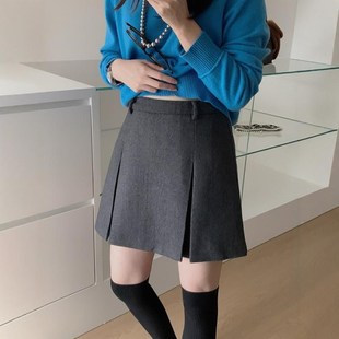 灰色毛呢半身裙女秋冬a字短裙遮胯显瘦开衩半截裙黑色高腰包臀裙