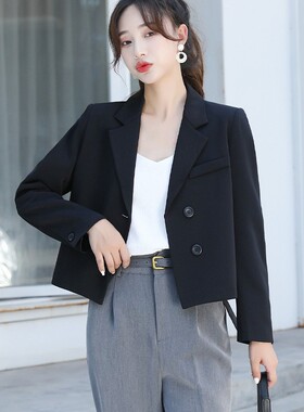 小个子黑色长袖西装外套女2021春秋新款设计感小众职业短款上衣