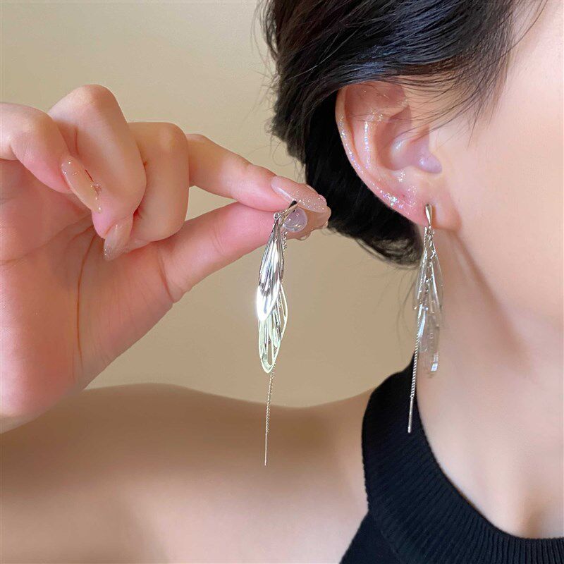 蝉意新中式长款流苏翅膀气质简约小众设计感蚊香盘耳夹耳饰女