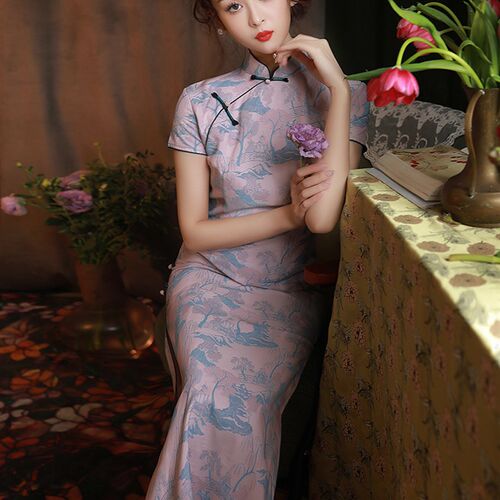 粉色旗袍2023年新款改良复古中国风年轻款少女连衣裙气质优雅长款