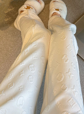 高级感白色裤子女秋冬加绒加厚垂感显瘦提花加长拖地裤高腰阔腿裤