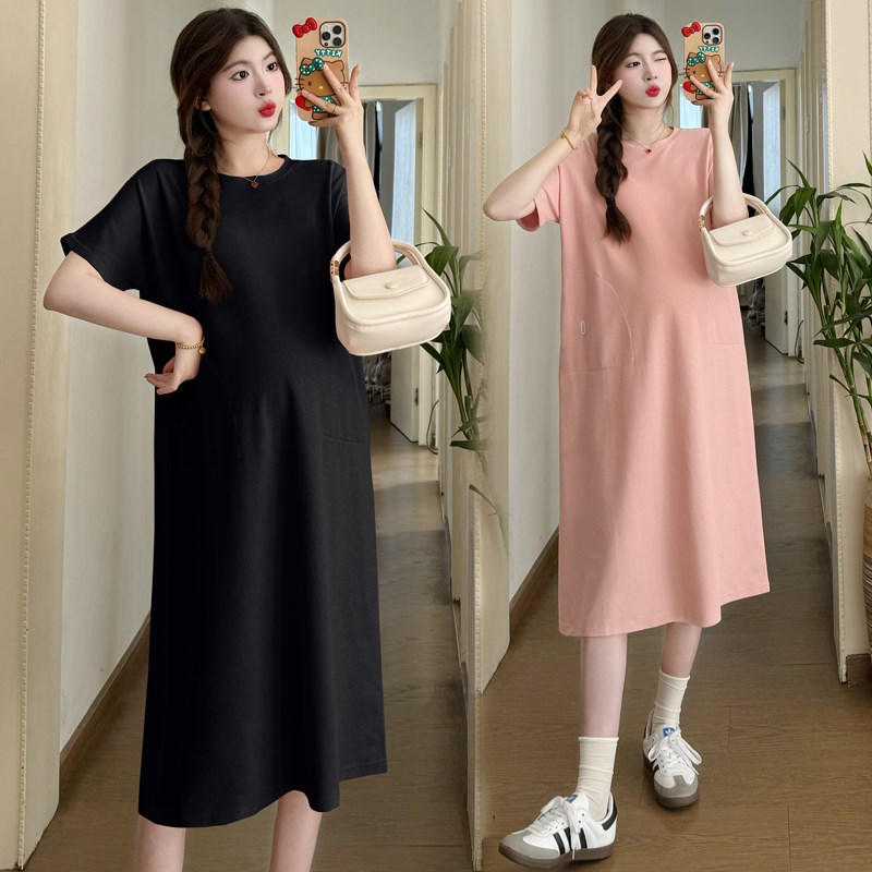 加大码孕妇气质短袖连衣裙夏季显瘦遮肚长裙时尚减龄打底衣200斤