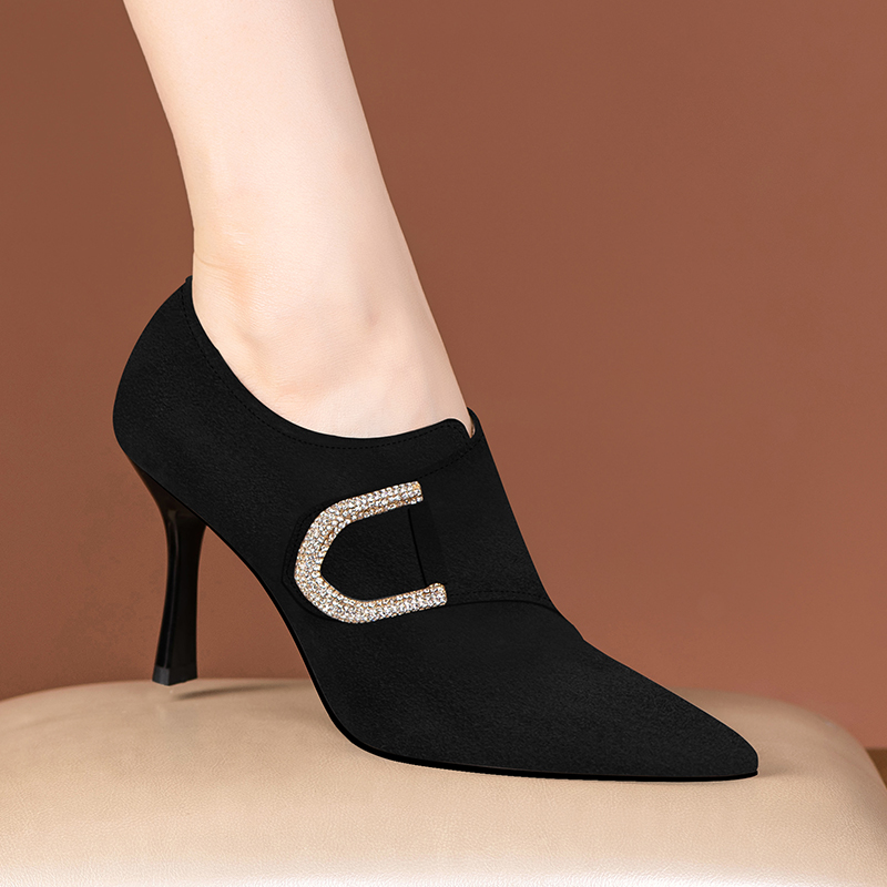 法式气质高跟鞋细跟春秋新款配旗袍裙子踝靴女尖头深口单鞋磨砂皮