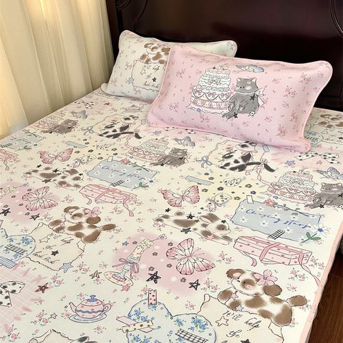 梨梦 喵喵日记 可爱冰丝凉席三件套少女心床笠款夏季可机洗可折叠