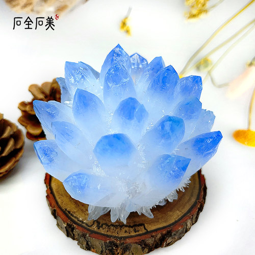 天然蓝水晶簇原石手链消磁石家居办公室装饰摆件奇石镇宅招财送礼