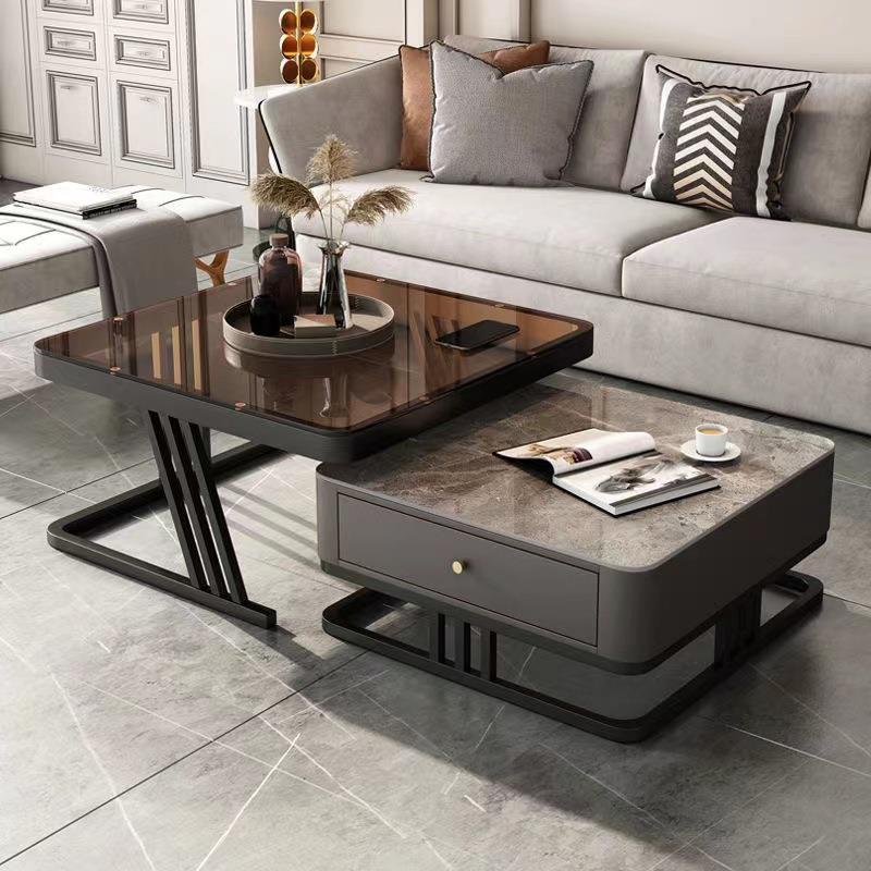 意式轻奢风茶几亮光岩板客厅家用小户型大小方形组合现代伸缩茶几