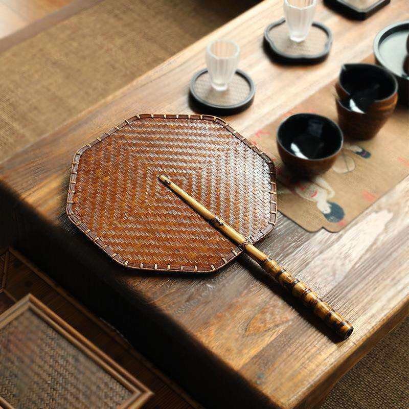 僮烨复古中式竹编团扇禅意大漆麈尾扇竹制宣纸复刻青蓖扇道具纳凉