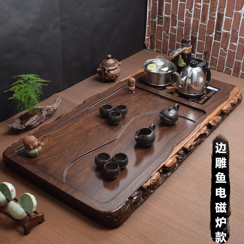 中式黑檀木茶盘带电磁炉烧水壶一体整块实木茶海茶海原木排水茶具