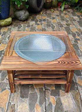 T3Z实木炭烤火盆传统铸铁盆炉架取暖盆架烧烤炉碳火盆柴火炉保温