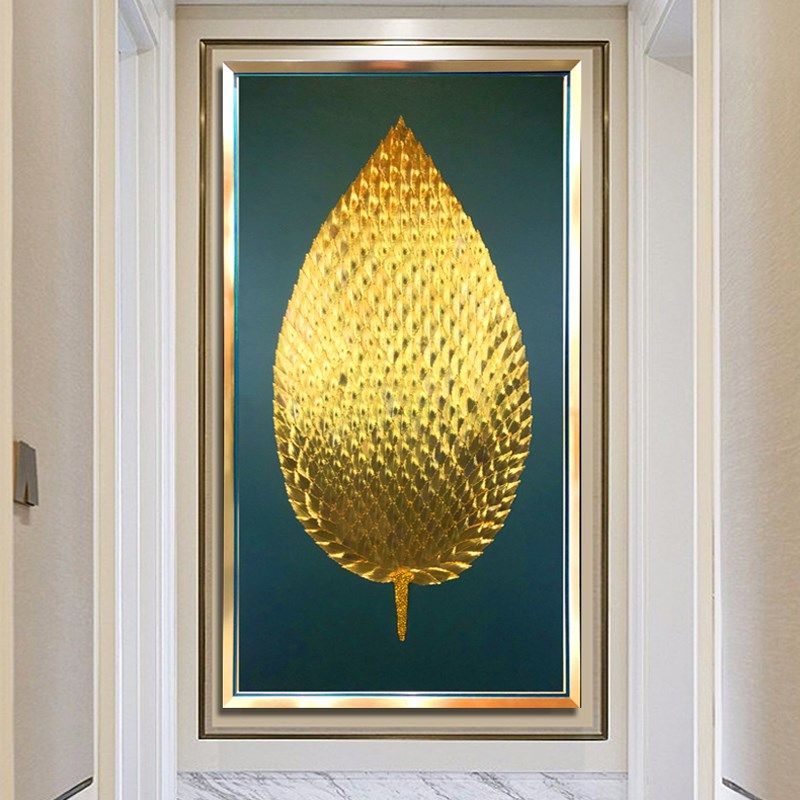 手工立体实物装饰画家大业大金叶子壁画玄关入户走廊尽头竖版挂画