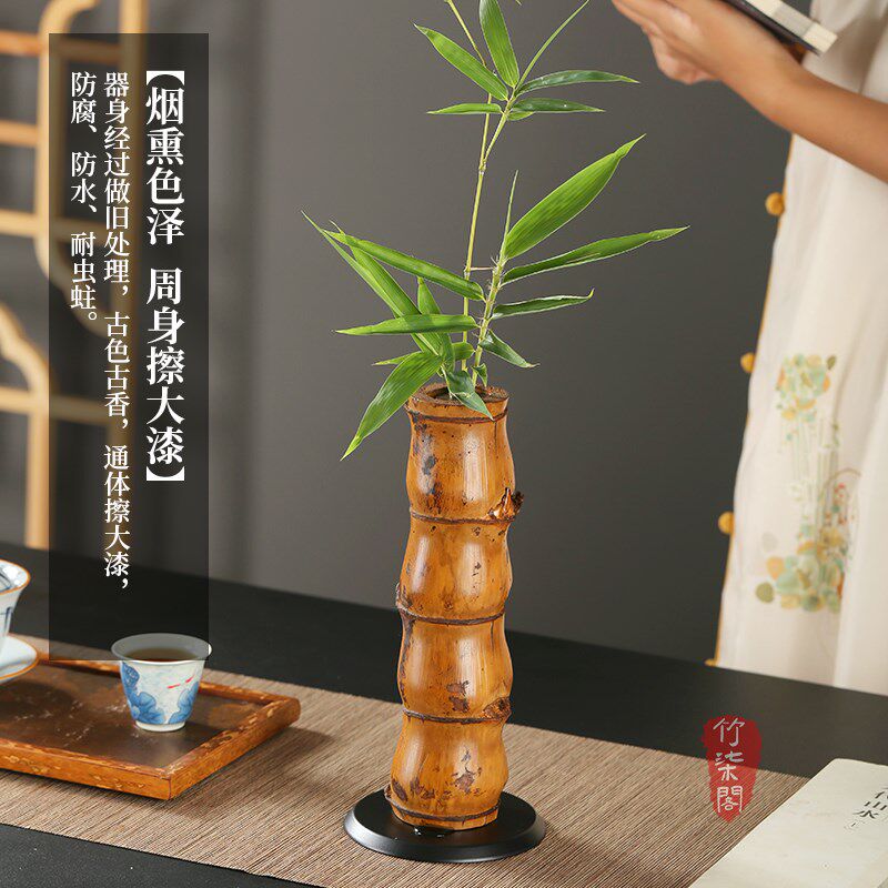 中式大漆佛肚竹花器插花竹编器皿水培竹筒花瓶花盆竹子摆件