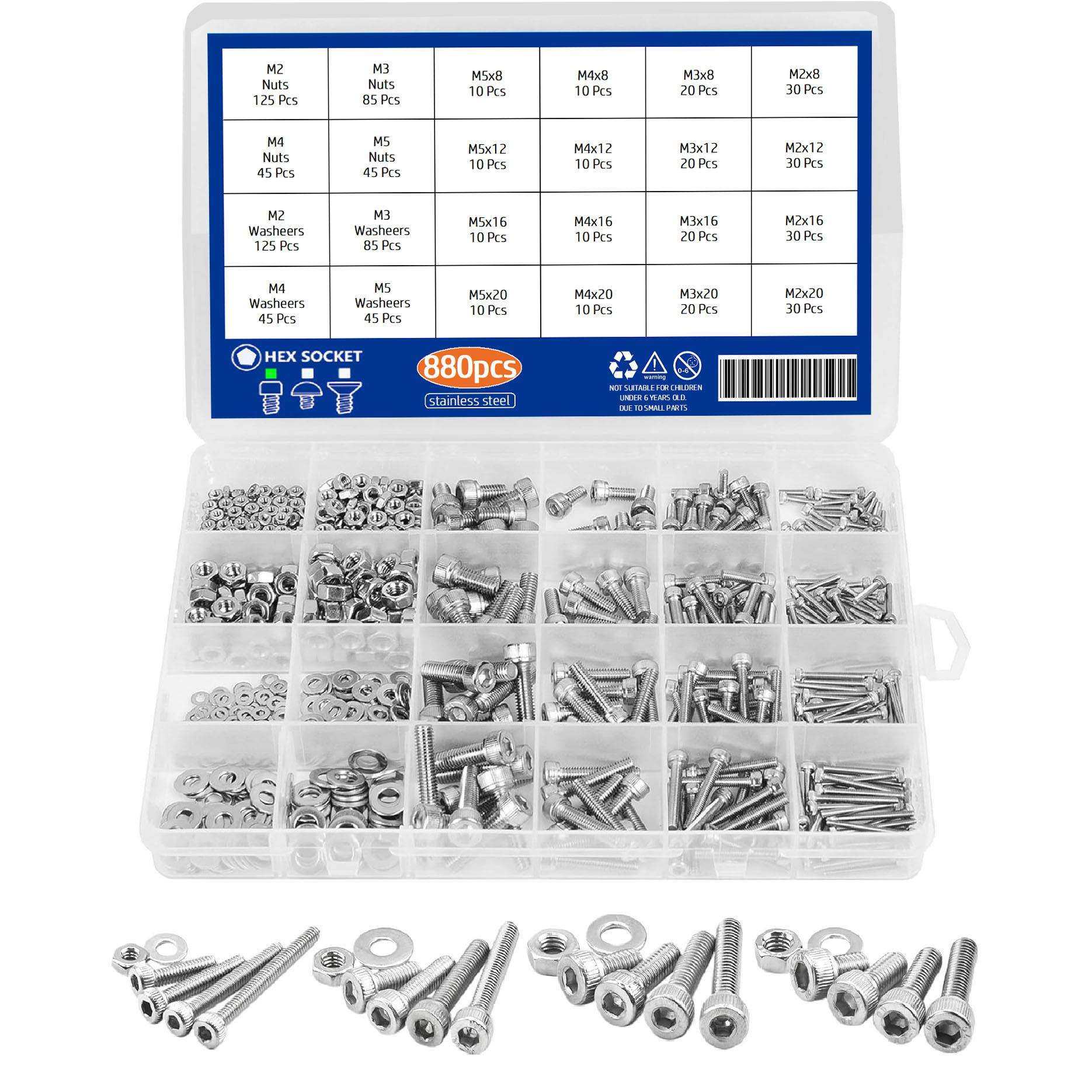 880pcs304不锈钢圆柱头内六角螺钉螺母平垫套装 杯头螺钉螺母盒装,电子元器件市场,其它元器件,淘宝优惠券,粉丝福利购,淘宝优惠卷